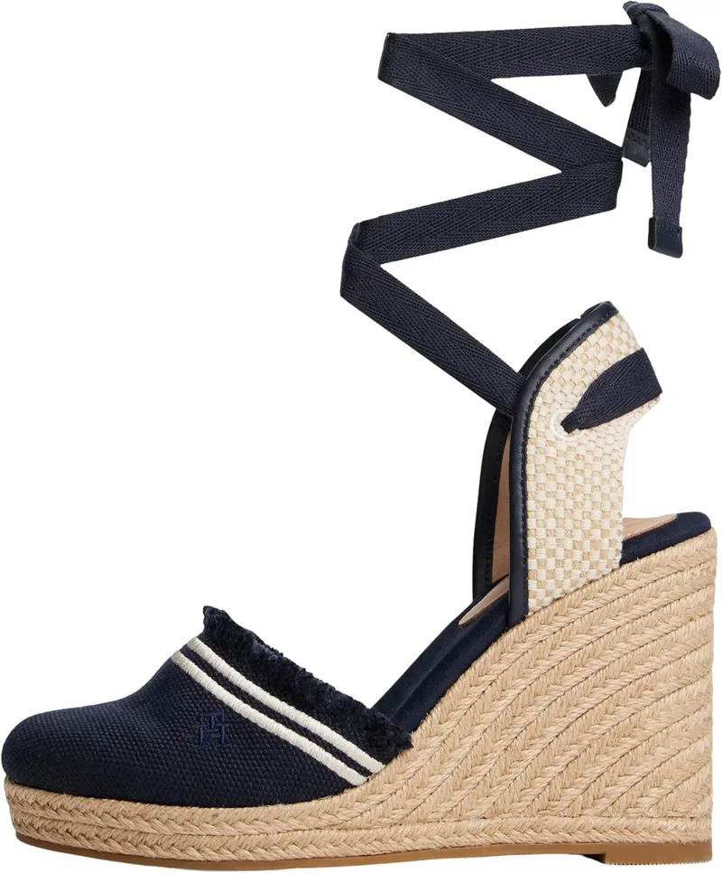 Tommy Hilfiger ▫️ Espadrilhas com salto em cunha para mulher, em lona com franjas