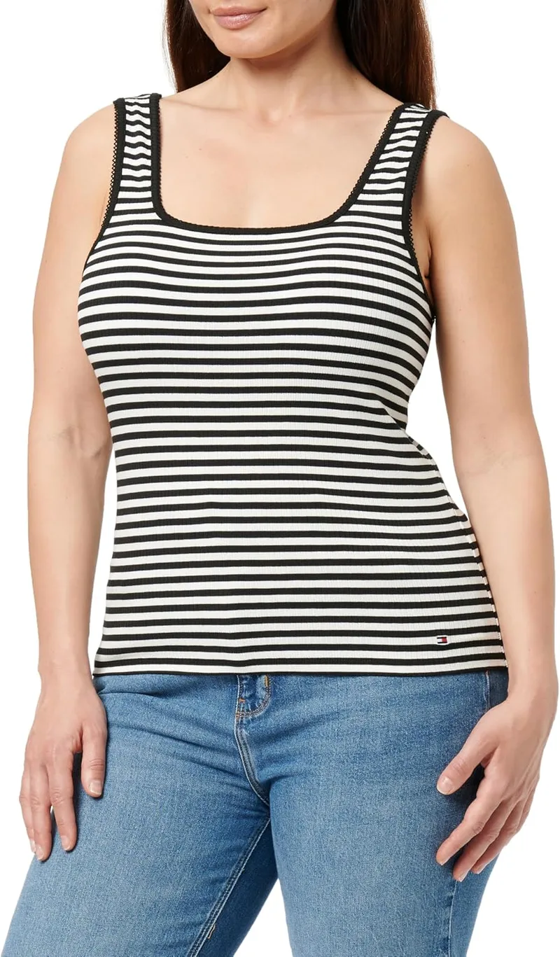 Tommy Hilfiger ▫️ Tommy Jeans Camiseta de alças para mulher, corte justo, em malha canelada