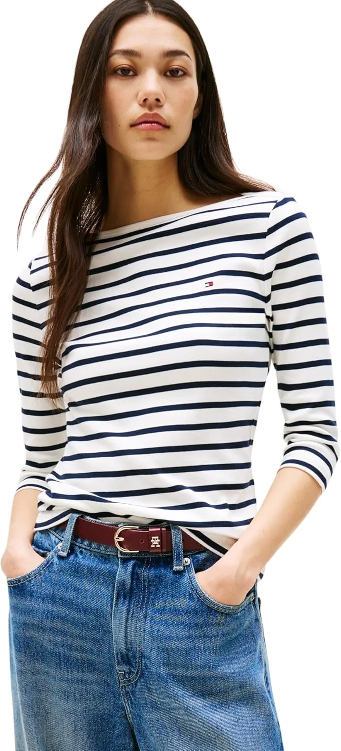 Tommy Hilfiger ▫️ Camiseta de manga comprida para mulher New Cody Slim com gola em barco