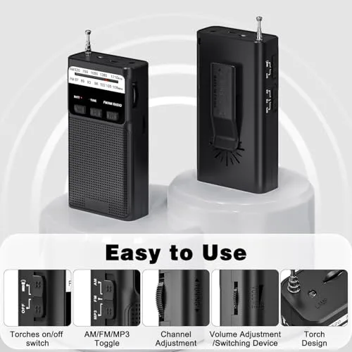 Padwa Lifestyle ▫️ Rádio pequeno, rádios AM/FM, rádio de bolso com clipe traseiro, rádio portátil com bateria recarregável incorporada, rádio com ranhura para cartão TF, tomada para auscultadores de 3,5 mm e função de luz (preto) 3