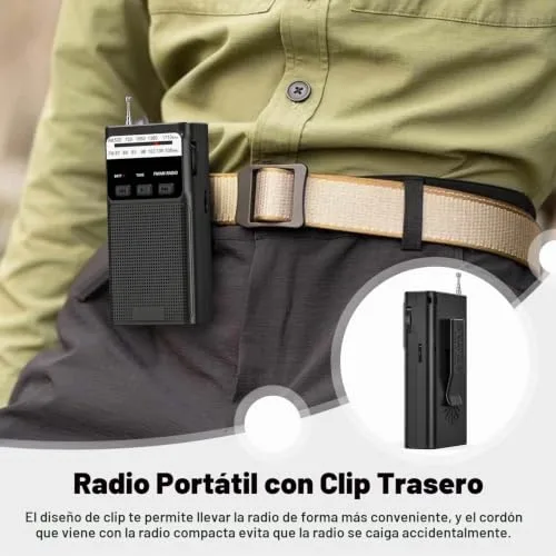 Padwa Lifestyle ▫️ Rádio pequeno, rádios AM/FM, rádio de bolso com clipe traseiro, rádio portátil com bateria recarregável incorporada, rádio com ranhura para cartão TF, tomada para auscultadores de 3,5 mm e função de luz (preto) 5