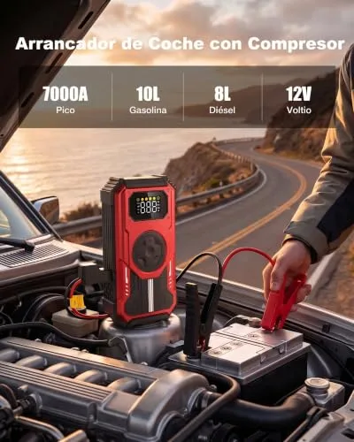 Eigotrav ▫️ Arrancador de baterias de automóvel 6000 A, compressor de ar 150 PSI, Booster de bateria 7 em 1 de 12 V (para 10 L de gasolina ou 8,5 L de gasóleo), arrancador de automóvel com ecrã LCD, lanterna LED, vermelho 2