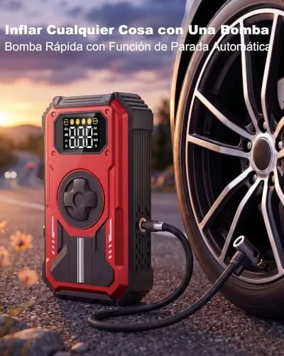 Eigotrav ▫️ Arrancador de baterias de automóvel 6000 A, compressor de ar 150 PSI, Booster de bateria 7 em 1 de 12 V (para 10 L de gasolina ou 8,5 L de gasóleo), arrancador de automóvel com ecrã LCD, lanterna LED, vermelho 3