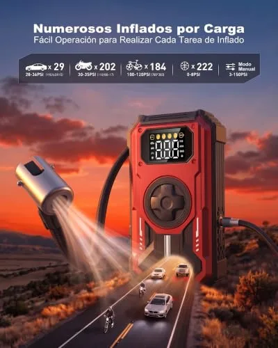 Eigotrav ▫️ Arrancador de baterias de automóvel 6000 A, compressor de ar 150 PSI, Booster de bateria 7 em 1 de 12 V (para 10 L de gasolina ou 8,5 L de gasóleo), arrancador de automóvel com ecrã LCD, lanterna LED, vermelho 4