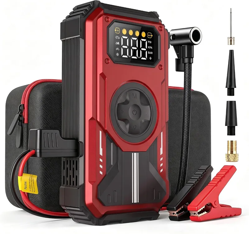Eigotrav ▫️ Arrancador de baterias de automóvel 6000 A, compressor de ar 150 PSI, Booster de bateria 7 em 1 de 12 V (para 10 L de gasolina ou 8,5 L de gasóleo), arrancador de automóvel com ecrã LCD, lanterna LED, vermelho