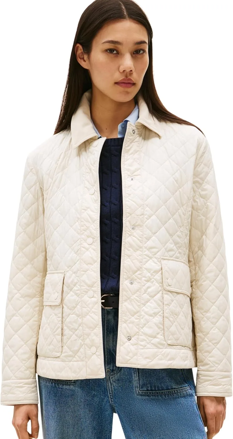 Tommy Hilfiger ▫️ Casaco acolchoado para mulher, em nylon, corte justo, acolchoado, com gola francesa