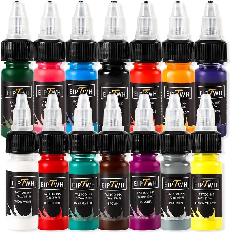 EIPTWH ▫️ Conjunto de 14 cores de tinta de tatuagem, 15 ml/garrafa, pigmentos de tatuagem que não desvanecem e que duram muito tempo para tatuadores