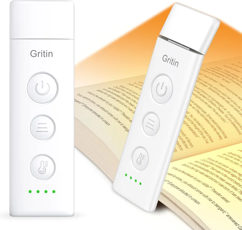 Gritin ▫️ Luz de Leitura, Lâmpada de Leitura Recarregável com Pinças | 3 Cores de Proteção Ocular, 5 Níveis de Brilho Ajustáveis de Forma Contínua, Luz para Livros com Ângulo Ajustável, Presente para os Amantes da Leitura