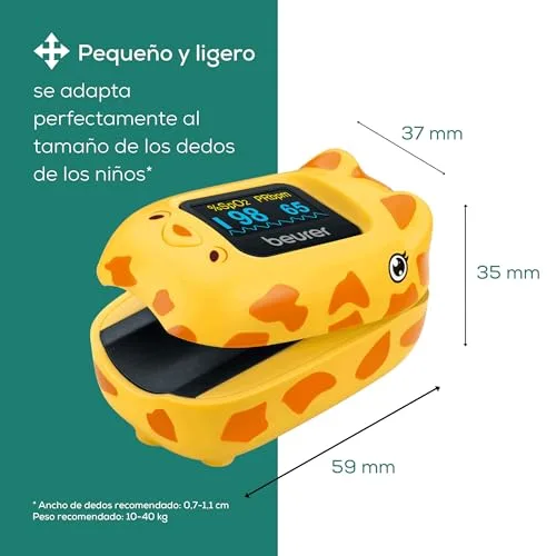 Beurer ▫️ PO 13 Kids Oxímetro de pulso digital para crianças, medição do pulso e da saturação de oxigénio em segundos, formato compacto, alinhamento automático do ecrã, com bolsa de 3