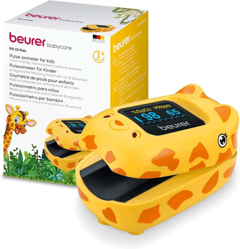 Beurer ▫️ PO 13 Kids Oxímetro de pulso digital para crianças, medição do pulso e da saturação de oxigénio em segundos, formato compacto, alinhamento automático do ecrã, com bolsa de