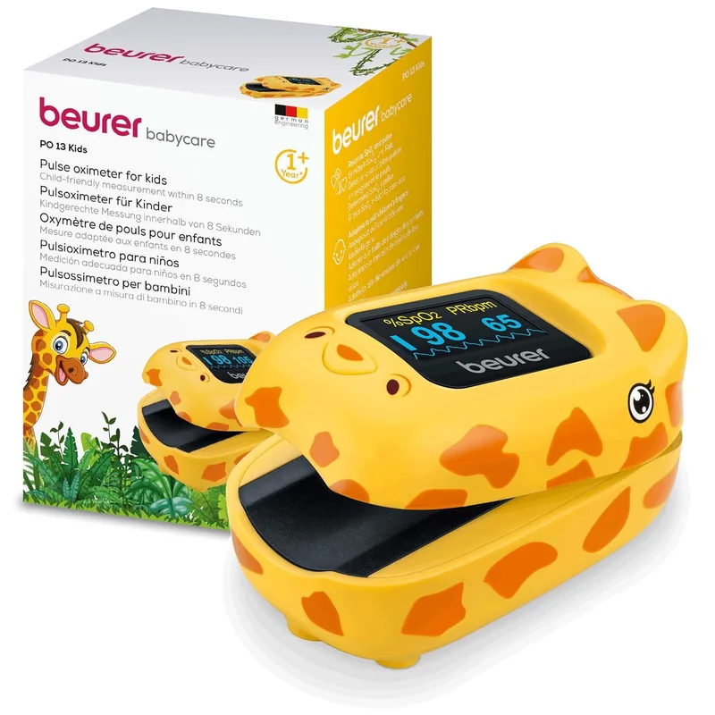 Beurer ▫️ PO 13 Kids Oxímetro de pulso digital para crianças, medição do pulso e da saturação de oxigénio em segundos, formato compacto, alinhamento automático do ecrã, com bolsa de