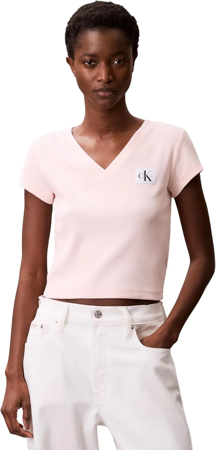 Calvin Klein ▫️ Women's Woven Label Rib Tee T-Shirt de manga curta com decote em V