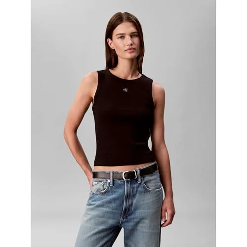 Calvin Klein ▫️ Camisola de alças para mulher, em malha de algodão com etiqueta tecida e logótipo 3
