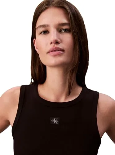 Calvin Klein ▫️ Camisola de alças para mulher, em malha de algodão com etiqueta tecida e logótipo 4