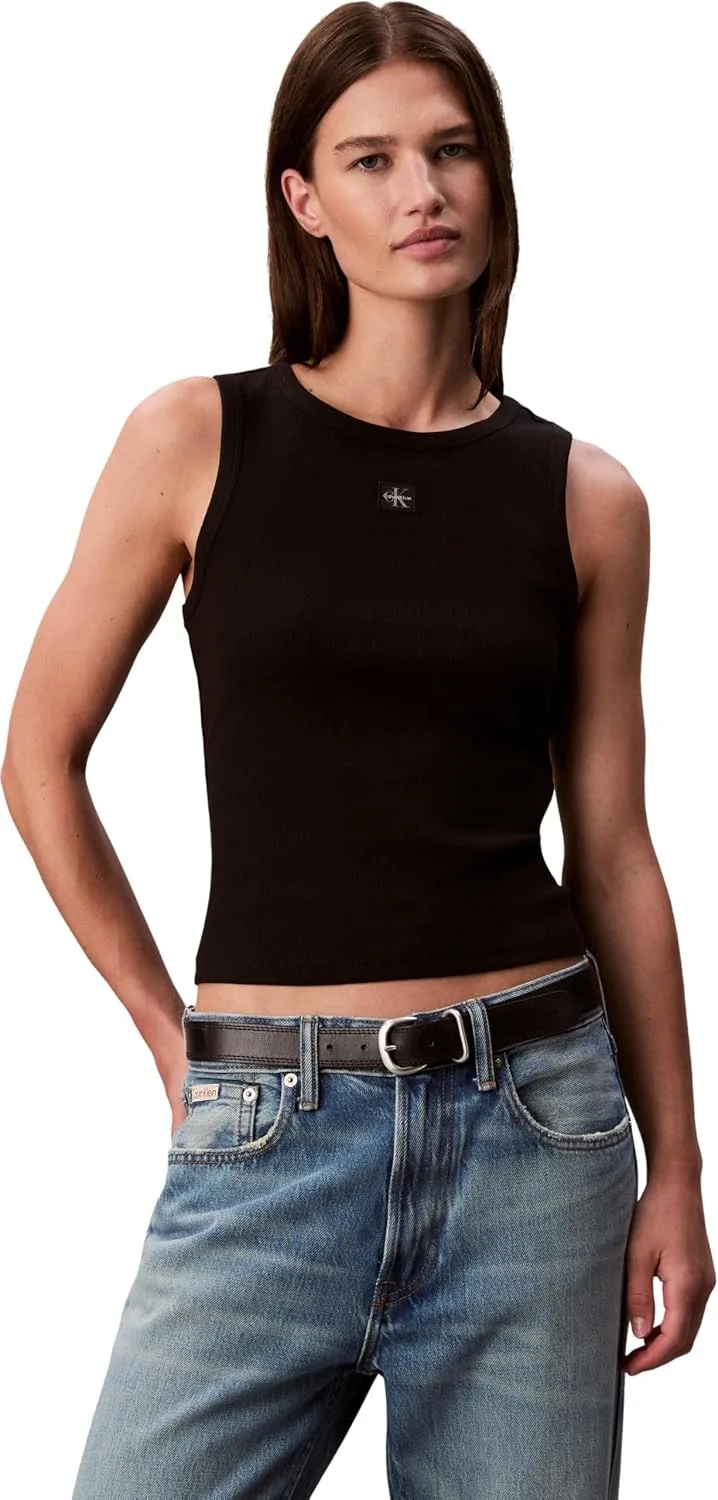 Calvin Klein ▫️ Camisola de alças para mulher, em malha de algodão com etiqueta tecida e logótipo