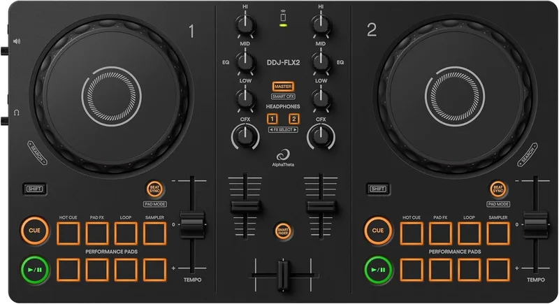 AlphaTheta ▫️ Pioneer DJ DDJ-FLX2. Controlador de design profissional, portátil, de 2 canais, alimentado por USB - Compatível com serviços de streaming de música - Ideal para novos DJs