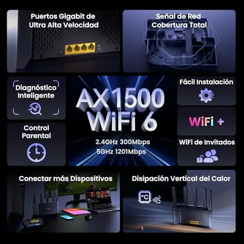 Tenda ▫️ RX2L Pro - Router Wi-Fi 6 AX1500, banda dupla 2,4 GHz/5 GHz, 4 portas Gigabit, 5 antenas de 6 dBi, refrigeração vertical, configuração fácil, VPN, IPv6, WPA3, MU-MIMO, OFDMA, controlo parental 2