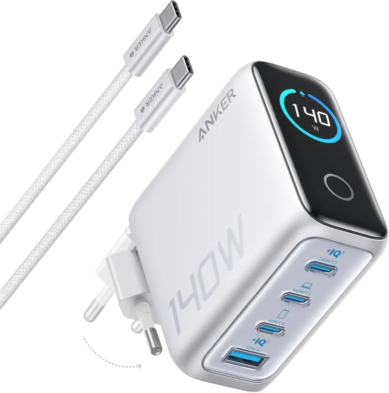 Anker ▫️ Carregador USB-C com carregamento rápido de 140 W, 4 portas de carregamento rápido, design intuitivo e compatível com MacBook, iPhone 17/16/15, iPhone Air, Samsung, Pixel e muito mais