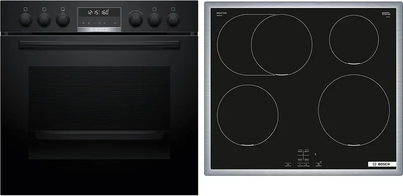 Bosch ▫️ HND675LS62 - Conjunto de cozinha embutível HEG578BB4 (60 x 60 cm, ar quente 3D, hidrólise e pirólise, autolimpeza, placa de indução NIF645CB5E, moldura em aço inoxidável)