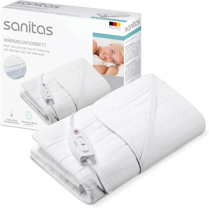 Sanitas ▫️ SWB 21 - Manta térmica em forro polar macio com práticas tiras de fixação, sistema de segurança, 3 níveis de temperatura, lavável na máquina, 150 x 80 cm, adequada para colchões padrão