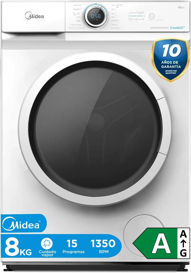 Midea ▫️ Máquina de Lavar Roupa 8kg Carga Frontal 1950W, 1350 rpm com Motor Inverter - Máquina de Lavar Roupa com 15 Programas e Tecnologia Healthguard - Máquina de Lavar Roupa de Baixo Consumo, Lavagem Rápida, Função Vapor e Modo Eco