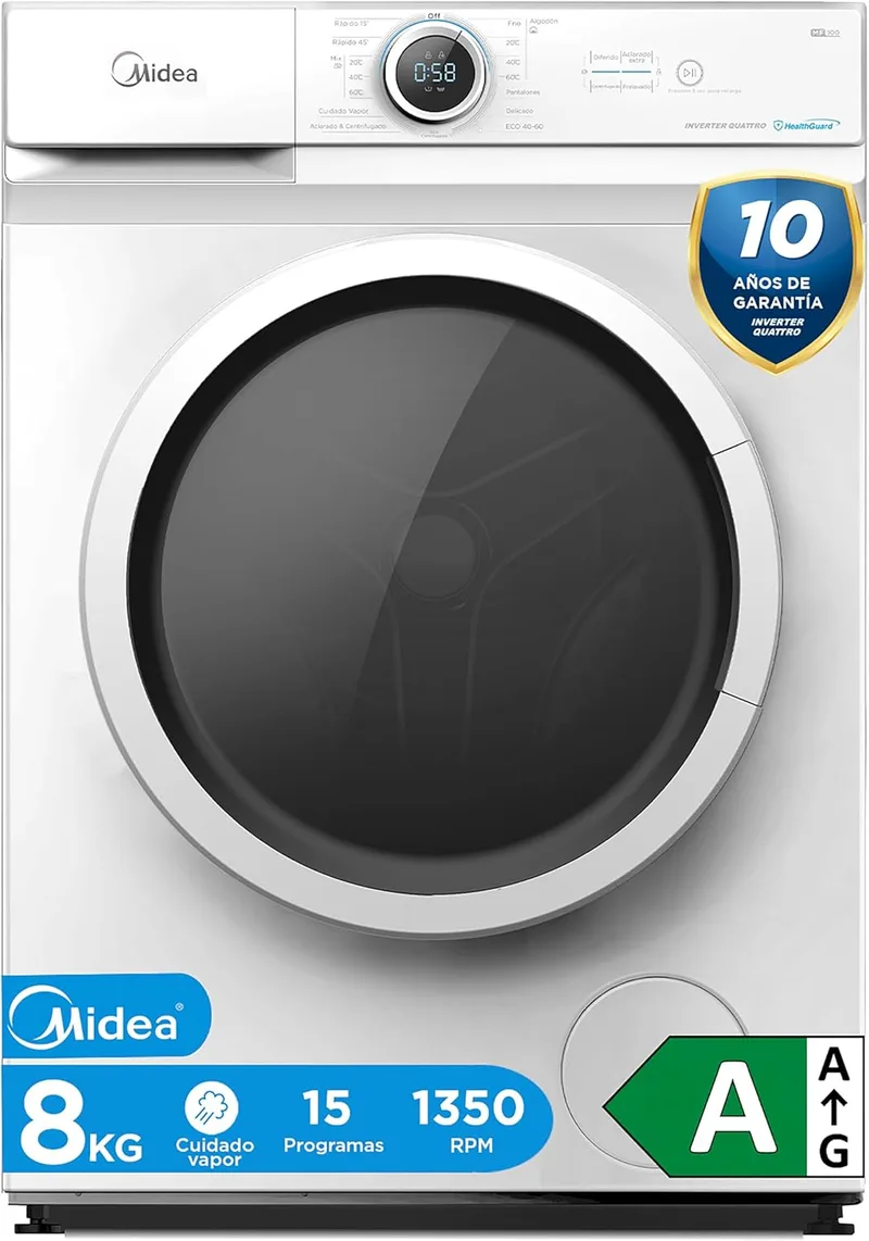 Midea ▫️ Máquina de Lavar Roupa 8kg Carga Frontal 1950W, 1350 rpm com Motor Inverter - Máquina de Lavar Roupa com 15 Programas e Tecnologia Healthguard - Máquina de Lavar Roupa de Baixo Consumo, Lavagem Rápida, Função Vapor e Modo Eco