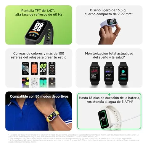 XIAOMI ▫️ Smart Band 9 Active - Pulseira de atividade, autonomia de até 18 dias, ecrã TFT de 1,47" com taxa de atualização de 60 Hz, 5 ATM, aplicação Mi Fitness, Preto (Versão ES) 2