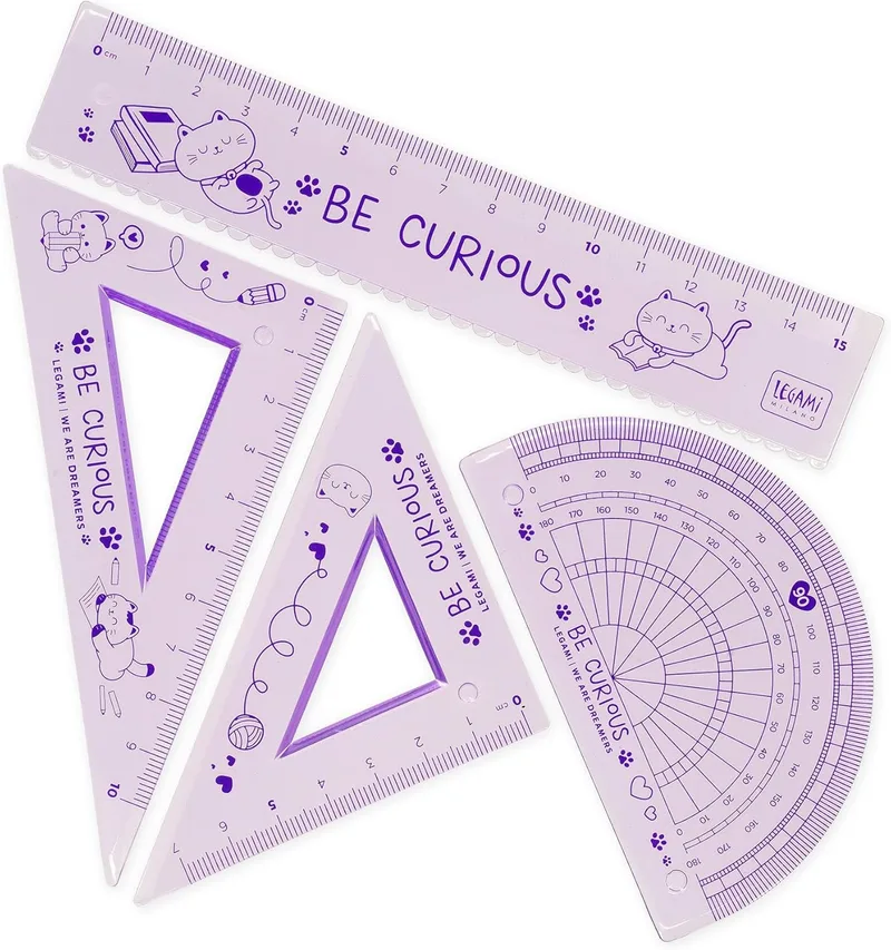 Legami ▫️ Conjunto de geometria, conjunto com régua de 15 cm, quadrado de 10 cm de 60°, goniómetro de 180° para a escola, estojo incluído, material flexível, tema Gatinho