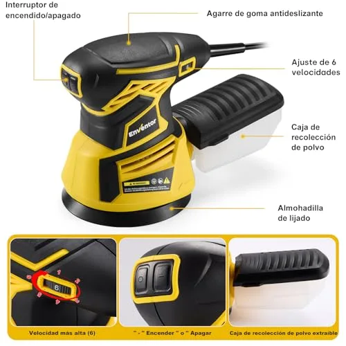 Enventor ▫️ Lixadeira de madeira 350 W, 6 velocidades, 125 mm, lixa n.º 20, 13 000 RPM 2