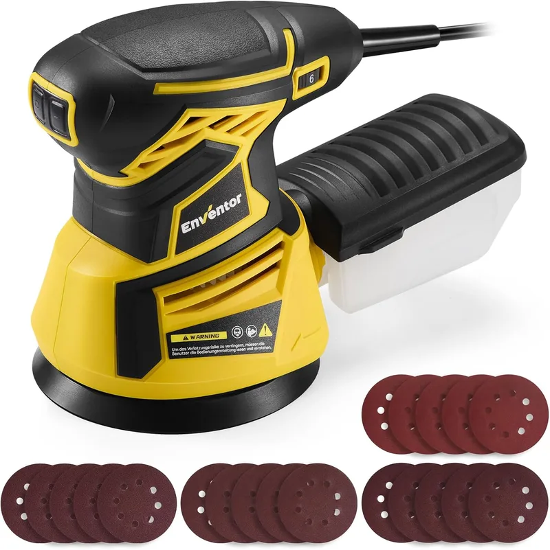 Enventor ▫️ Lixadeira de madeira 350 W, 6 velocidades, 125 mm, lixa n.º 20, 13 000 RPM