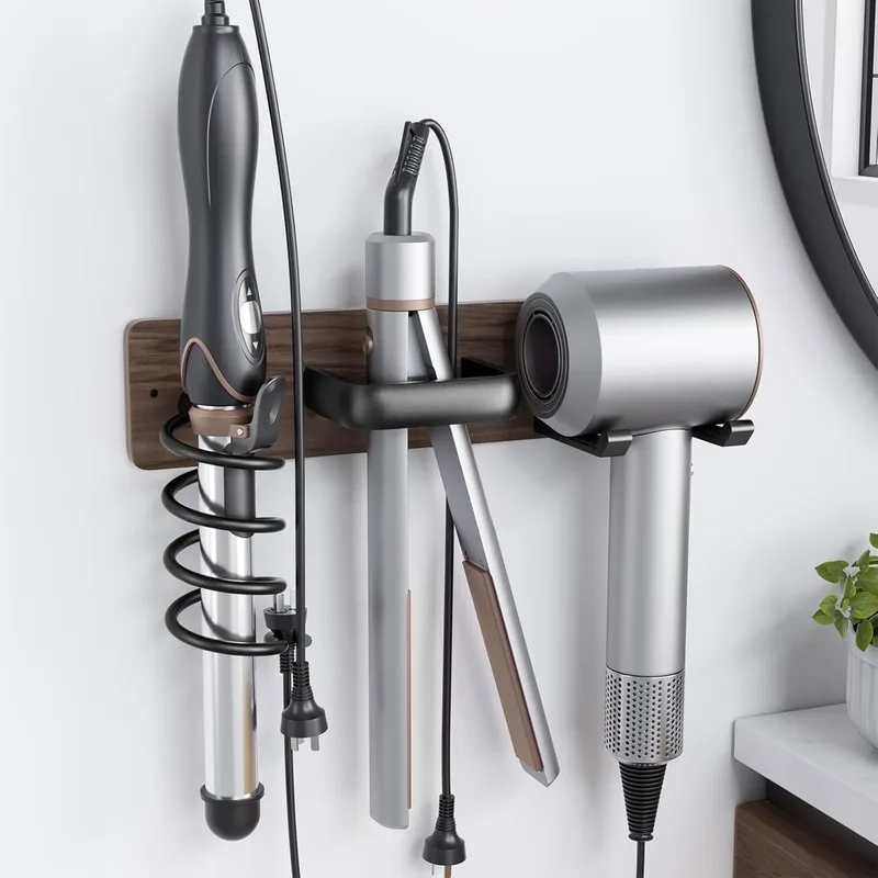 Tindbea ▫️ Suporte para secador de cabelo Suporte para ferro de frisar ， Suporte para secador de cabelo de parede, rack organizador de ferramentas de cabelo 3 em 1 de nogueira