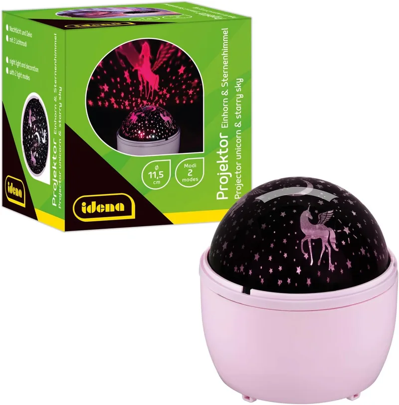 Idena ▫️ 50143 - Projetor LED com unicórnio e céu estrelado, ilumina-se nas cores branco e rosa, projetor LED de céu estrelado com 2 modos, funciona a pilhas, aprox. 11,5 x 13 cm