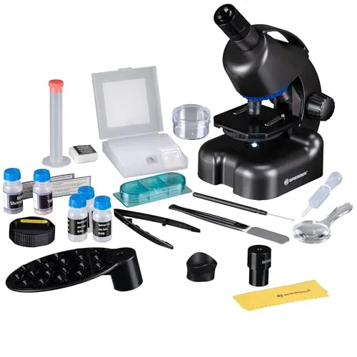 Bresser ▫️ Microscópio Junior CM-04 100x-900x para crianças a partir dos 6 anos, iluminação LED, suporte para smartphone, kit de experiências, funciona com pilhas 6