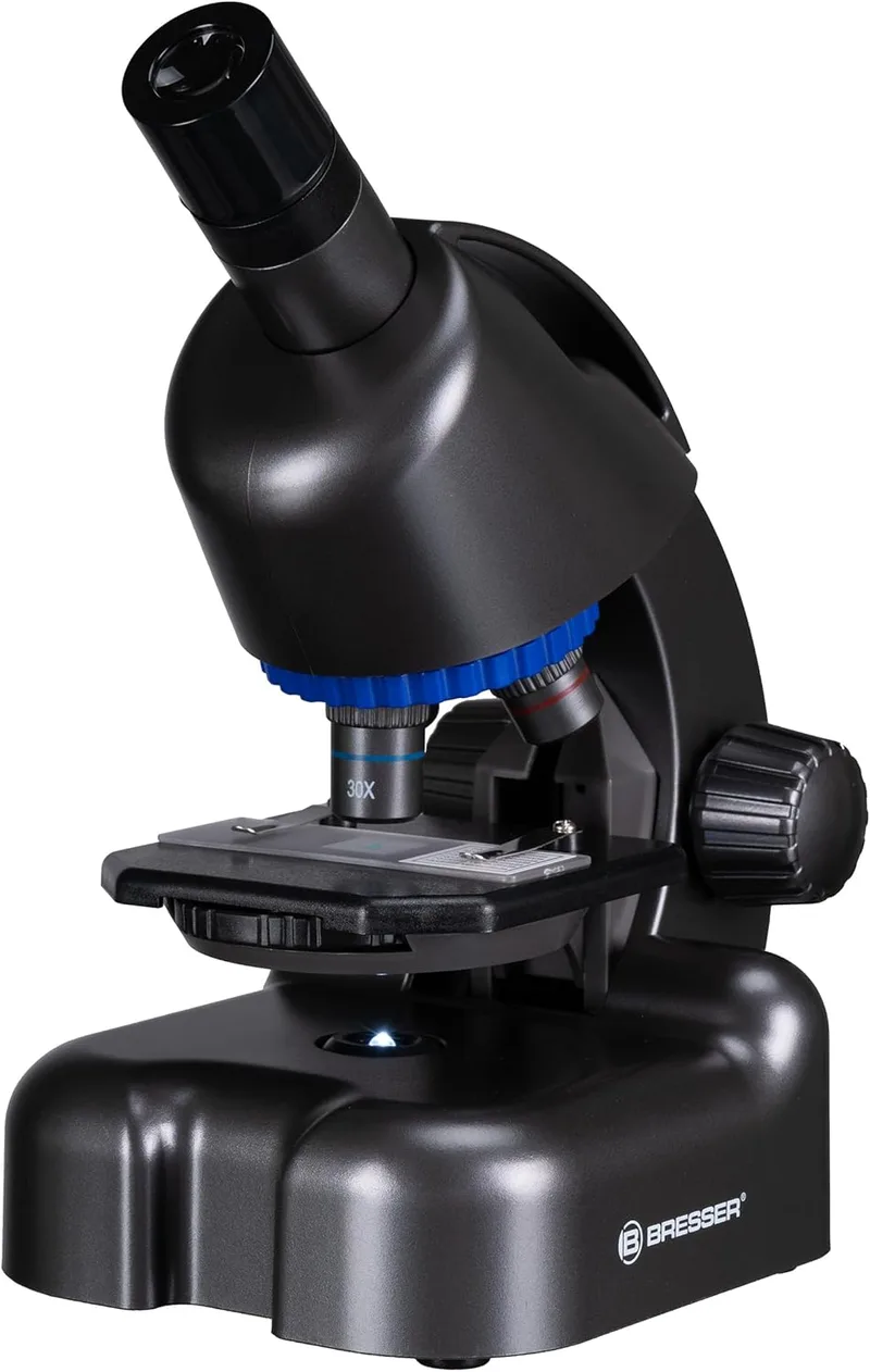 Bresser ▫️ Microscópio Junior CM-04 100x-900x para crianças a partir dos 6 anos, iluminação LED, suporte para smartphone, kit de experiências, funciona com pilhas