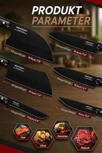 Dream Reach ▫️ Facas de cozinha conjunto de 6 facas de chef em aço inoxidável com um afiador e estojo, para carne, legumes, churrasco e uso ao ar livre 2