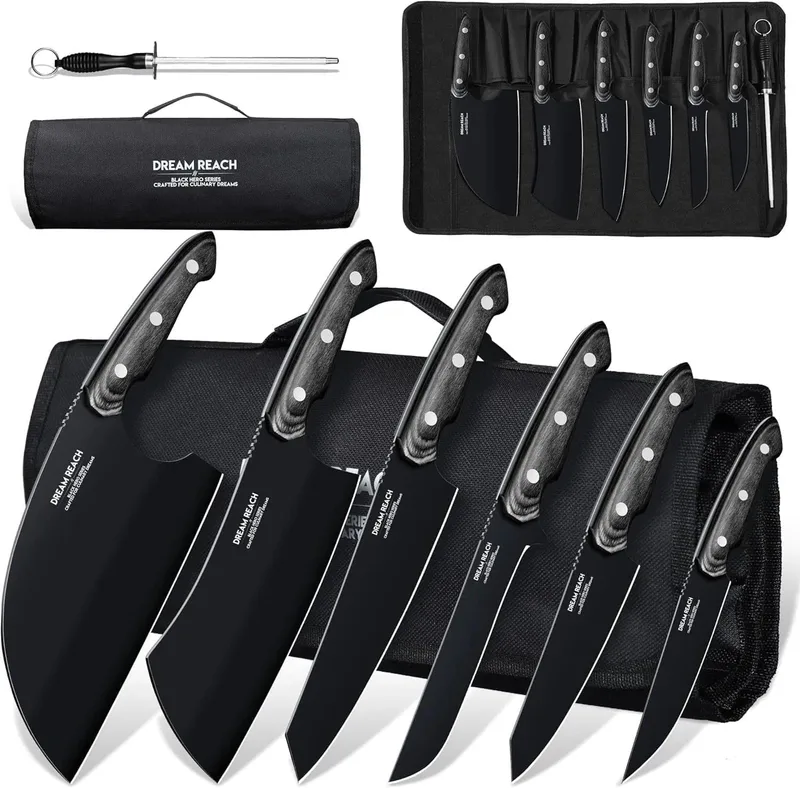 Dream Reach ▫️ Facas de cozinha conjunto de 6 facas de chef em aço inoxidável com um afiador e estojo, para carne, legumes, churrasco e uso ao ar livre