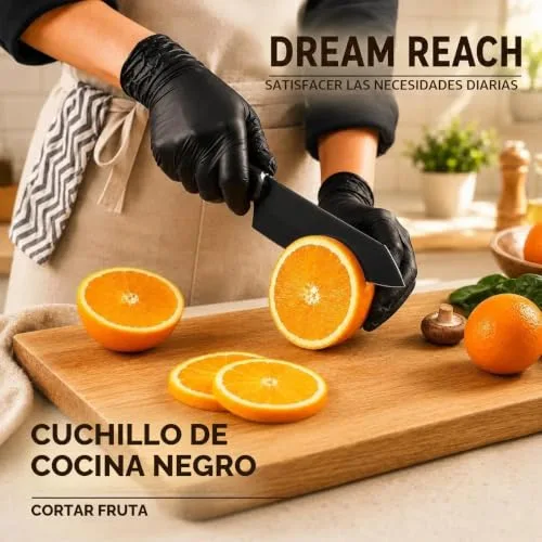 Dream Reach ▫️ Conjunto de 3 facas de cozinha com lâmina preta, em aço inoxidável com cabo de madeira, para carne, legumes e fruta 3