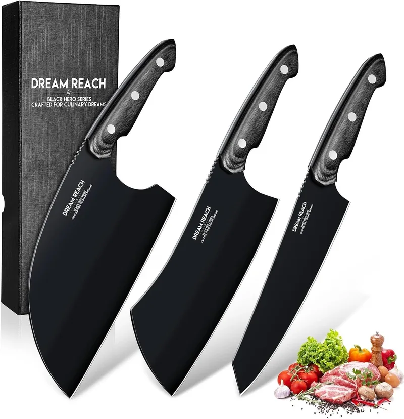 Dream Reach ▫️ Conjunto de 3 facas de cozinha com lâmina preta, em aço inoxidável com cabo de madeira, para carne, legumes e fruta
