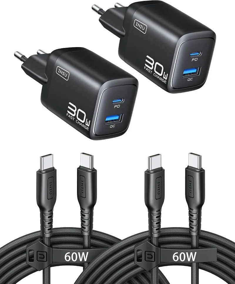 INIU ▫️ Carregador USB-C, 30 W, Conjunto de 2 Carregadores PD GAN com Carregamento Rápido e Cabo de 60 W