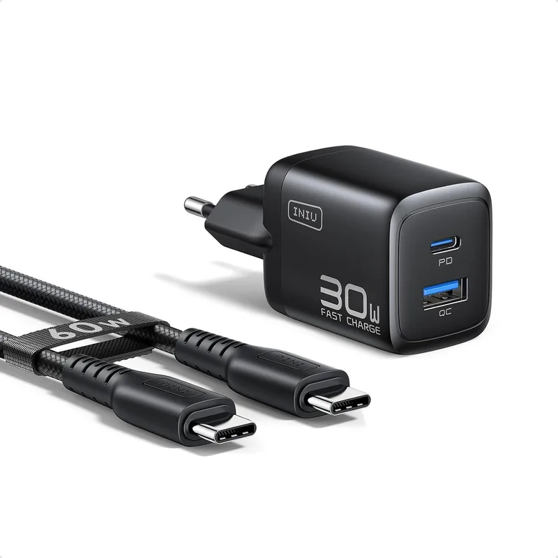 INIU ▫️ Carregador USB-C, 30 W, 1 conjunto com carregador PD GAN e cabo de carregamento rápido de 60 W | [USB-C + USB-A] Carregador rápido com várias entradas e cabo tipo C para iPhone 17, 16, 15 Pro Max, iPad, Samsung S26, S25 Ultra, Switch, etc.