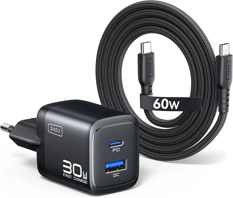 INIU ▫️ Carregador USB-C, 30 W, 1 conjunto com carregador PD GAN e cabo de carregamento rápido de 60 W