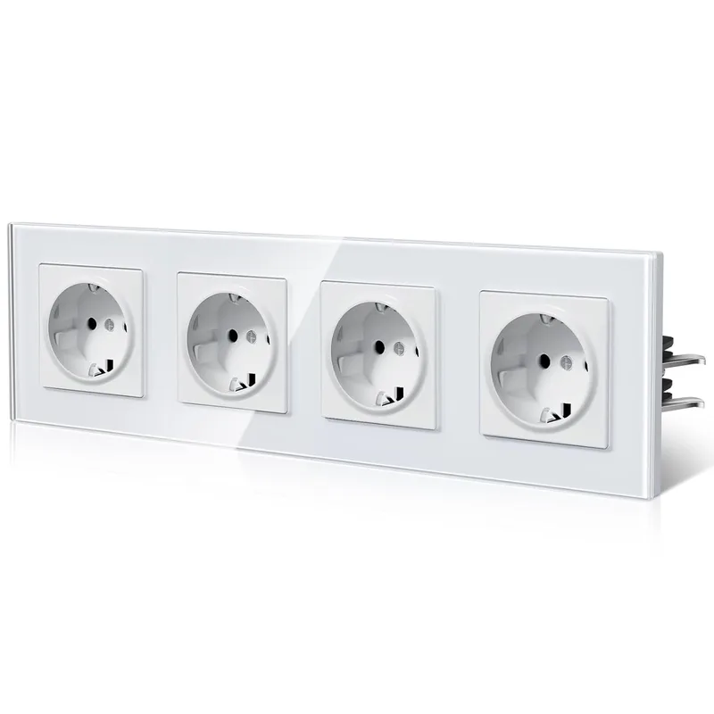 BSEED ▫️ Tomada de parede com vidro, tomadas de encastrar standard, instalação com gancho, ligação sem parafusos, segurança para crianças, série E, 4 tomadas, 299 mm branco