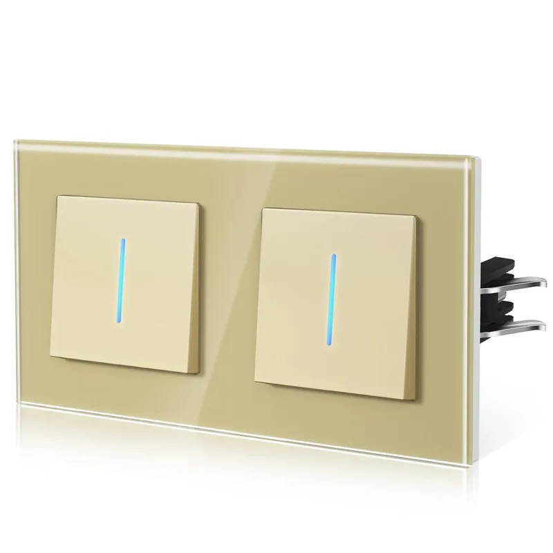 BSEED ▫️ Interruptor de Parede Duplo com Vidro,Interruptor de Luz de Gancho,Interruptor basculante com Luzes LED,Fácil Instalação,Fácil de Limpar,Série E,1 Gang 1 Way,157mm Dourado