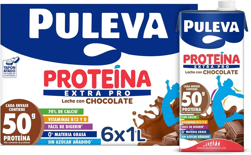 Puleva ▫️ Leite Proteína Extra Pro Chocolate, rico em cálcio, vitaminas B12 e D, sem açúcares adicionados, 0% de gordura, sabor a cacau - Embalagem de 6 x 1 L