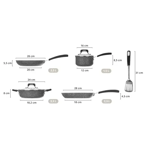 KASANOVA ▫️ Conjunto de panelas e frigideiras New Petra Dark, antiaderentes, adequadas para placas de indução e forno até 180 °C, com pegador e colher (7) 2