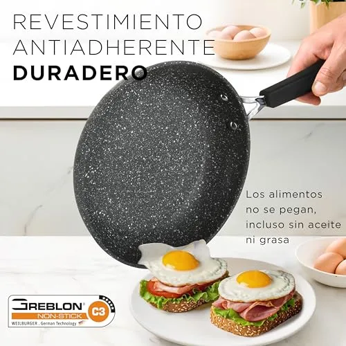 KASANOVA ▫️ Conjunto de panelas e frigideiras New Petra Dark, antiaderentes, adequadas para placas de indução e forno até 180 °C, com pegador e colher (7) 3