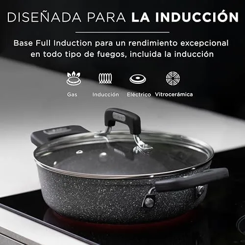 KASANOVA ▫️ Conjunto de panelas e frigideiras New Petra Dark, antiaderentes, adequadas para placas de indução e forno até 180 °C, com pegador e colher (7) 5