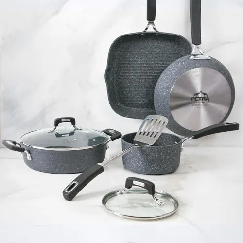 KASANOVA ▫️ Conjunto de panelas e frigideiras New Petra Dark, antiaderentes, adequadas para placas de indução e forno até 180 °C, com pegador e colher (7) 7
