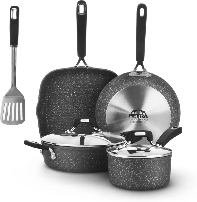 KASANOVA ▫️ Conjunto de panelas e frigideiras New Petra Dark, antiaderente, compatível com indução e forno até 180 °C, com pegador e colher (7)