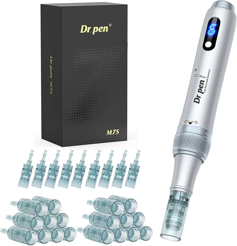 Bestauty ▫️ Dr.pen Ultima M7S Microneedling, 2025 modelo mais recente da Dr.pen, melhora as rugas e cicatrizes, caneta para microagulhamento com 27 cartuchos (9 modelos), para crescimento de pêlos no rosto e na barba, prata